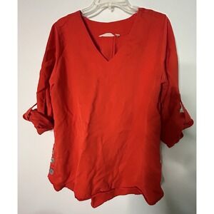 Soft Surroundings Womens Red Roll Tab Sleeve V-Neck Button Accents Top Size L